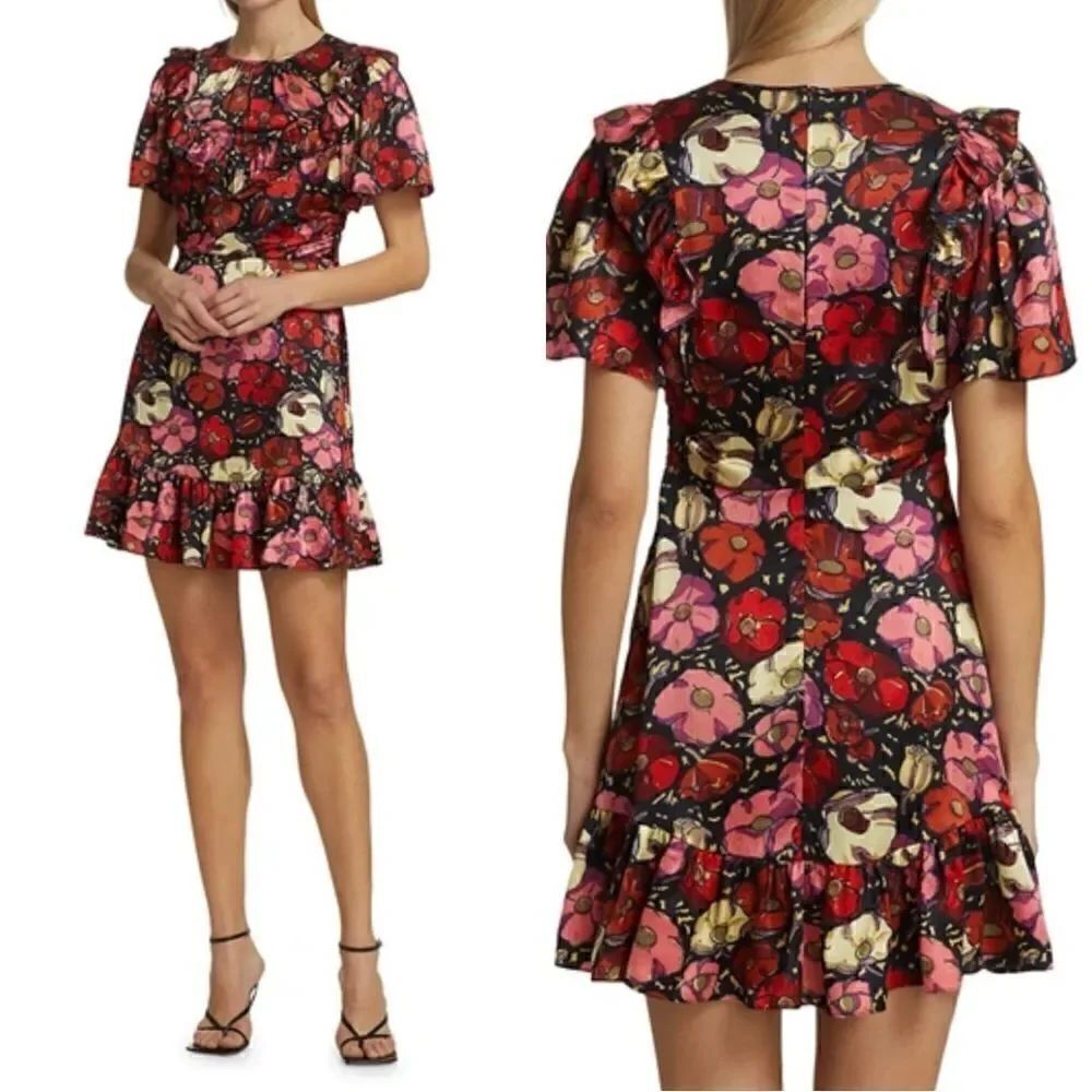 Cinq a Sept Mini Maraschino Pink Dress Ruffle Floral Size 4